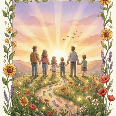 Família de mãos dadas caminhando para o futuro
